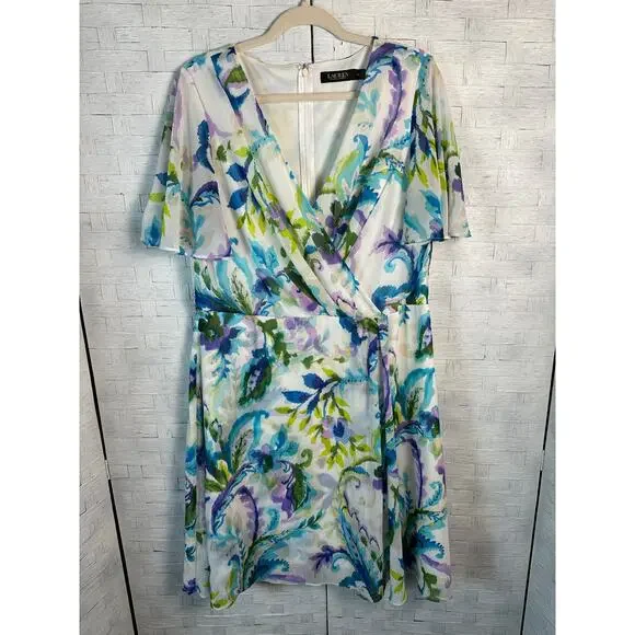 Lauren Ralph Lauren Womens Dress rap flutter sleeve floral chiffon plus size - Picture 1 of 11